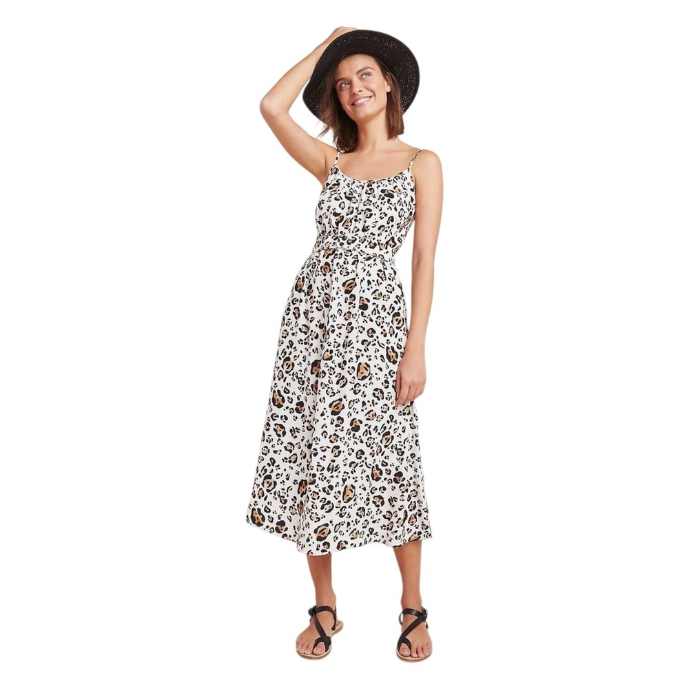 Corey Lynn Calter Anthropologie Arabella Leopard Print Belted Midi Dress Cream S